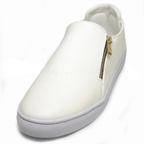 Fiesso White Leather Loafer Shoes With Zipper FI2138